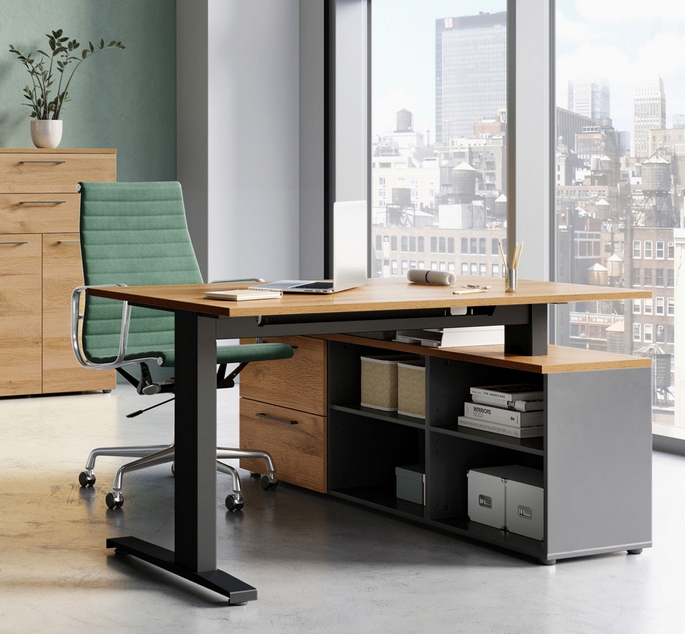Bureau d'angle professionnel contemporain chêne et graphite avec rangements